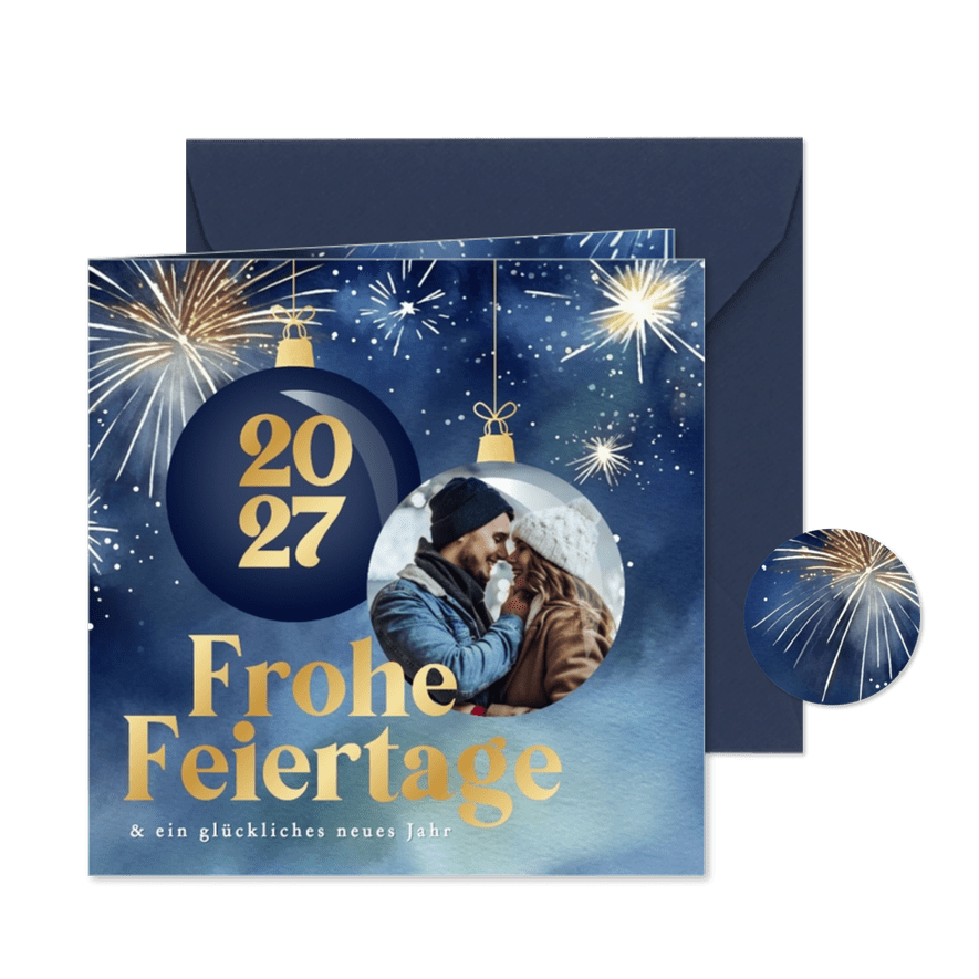 Weihnachtskarte Feuerwerk & Foto in Weihnachtskugel - Kartenvorschau

