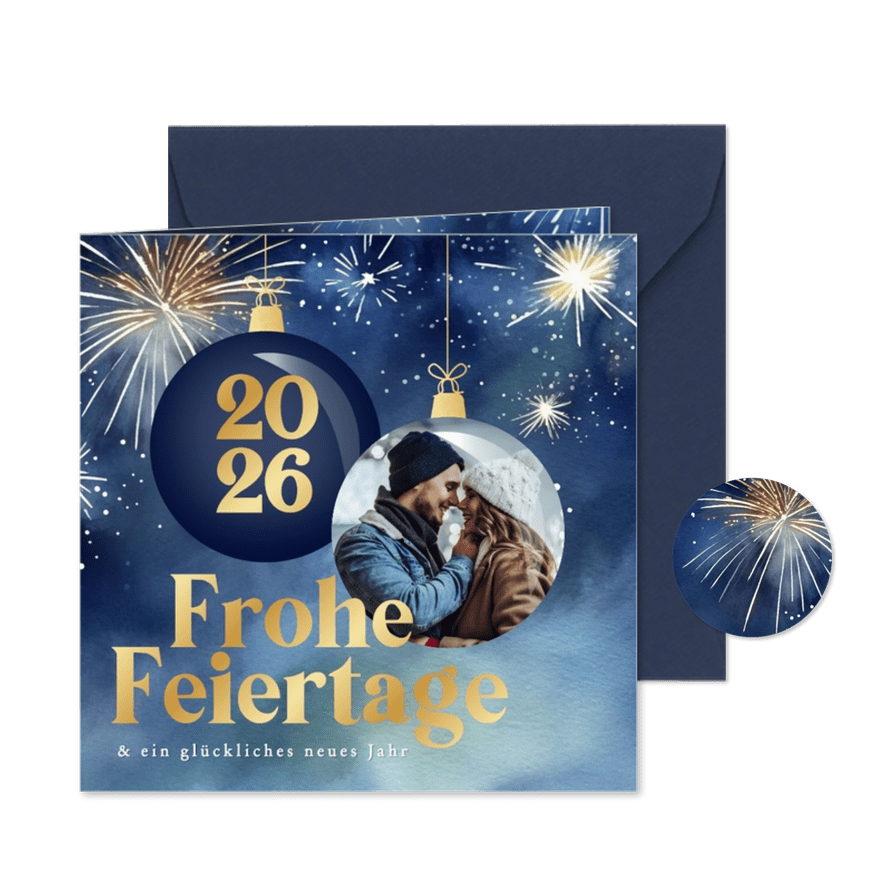 Weihnachtskarte Feuerwerk & Foto in Weihnachtskugel - Karteneindruck