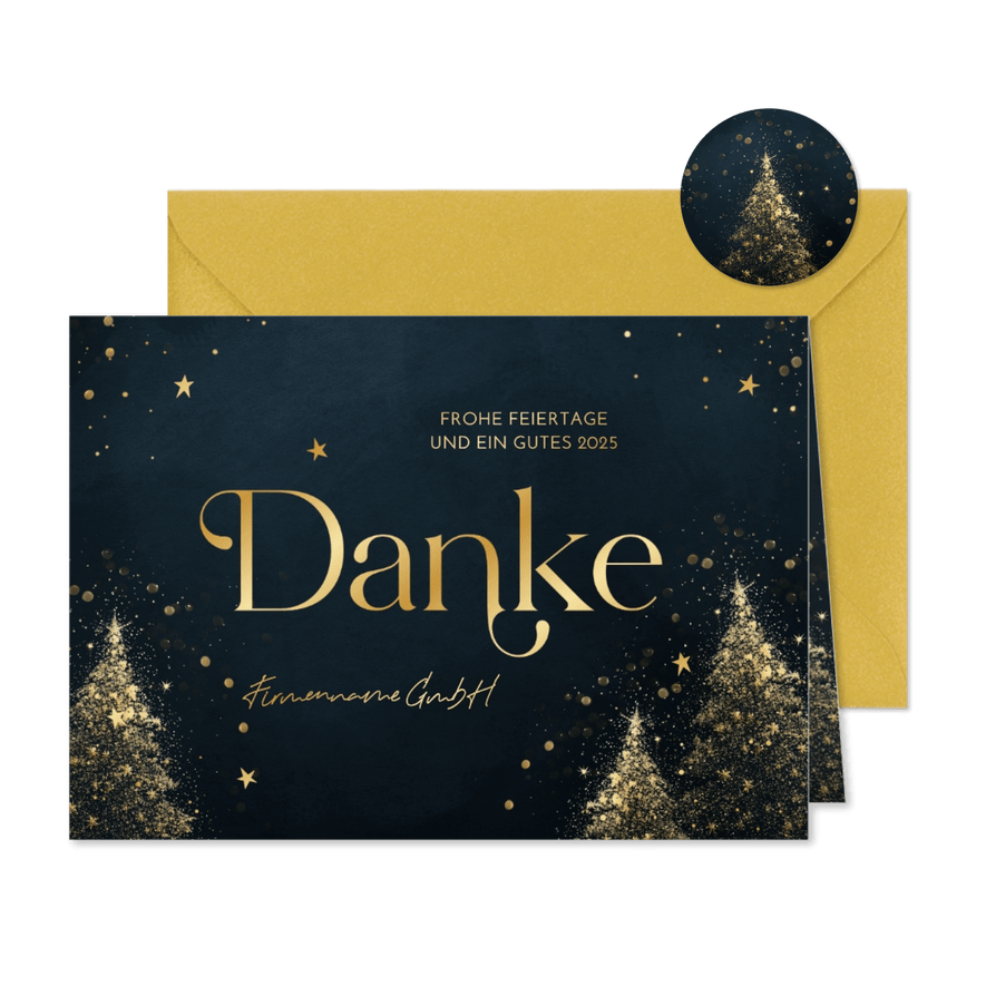 Weihnachtskarte Firma 'Danke' goldene Weihnachtsbäume - Karteneindruck
