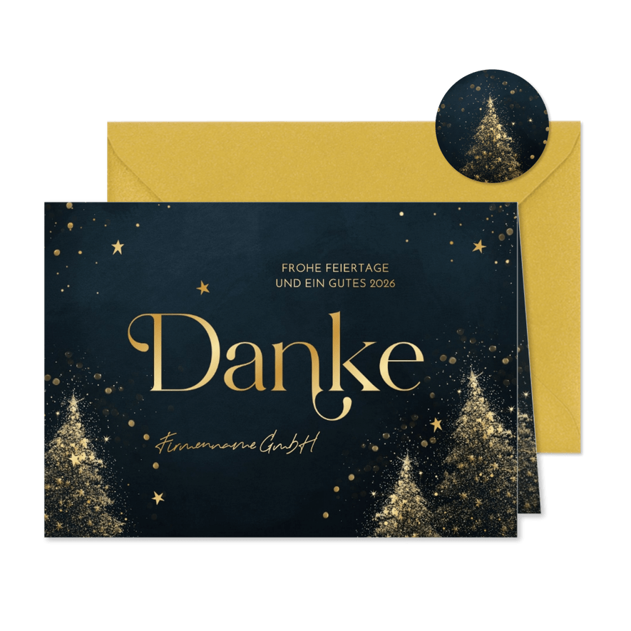 Weihnachtskarte Firma 'Danke' goldene Weihnachtsbäume - Karteneindruck