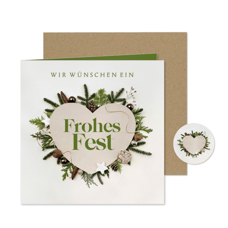 Weihnachtskarte Firma Herz mit Rahmen aus Zweigen - Karteneindruck

