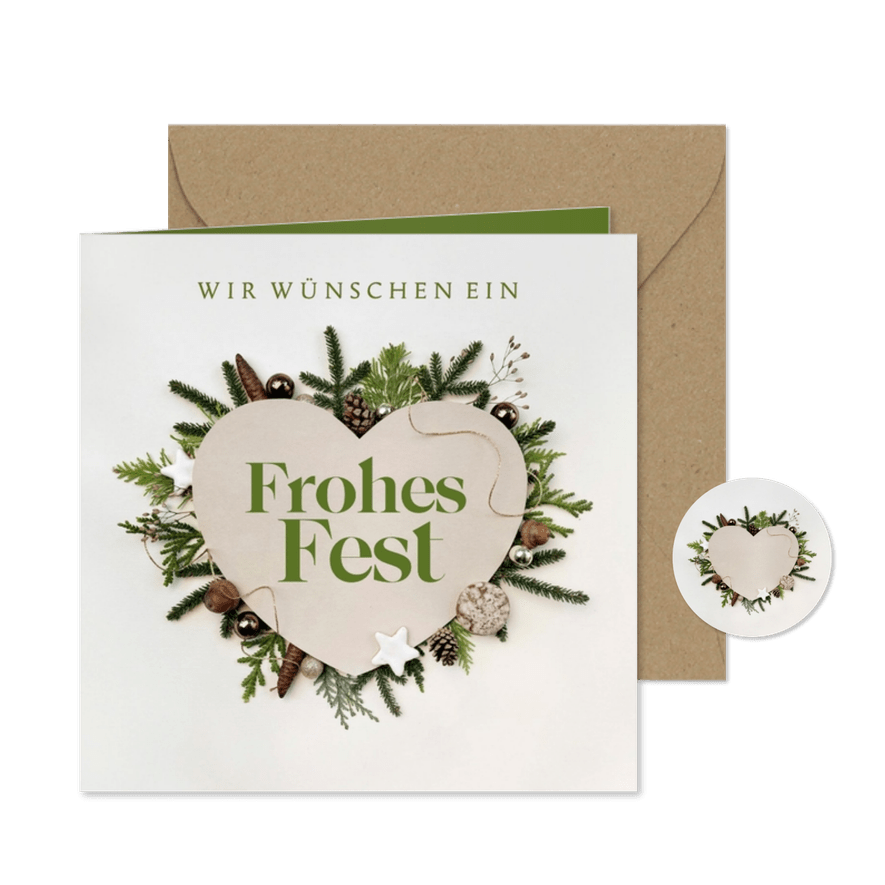 Weihnachtskarte Firma Herz mit Rahmen aus Zweigen - Karteneindruck
