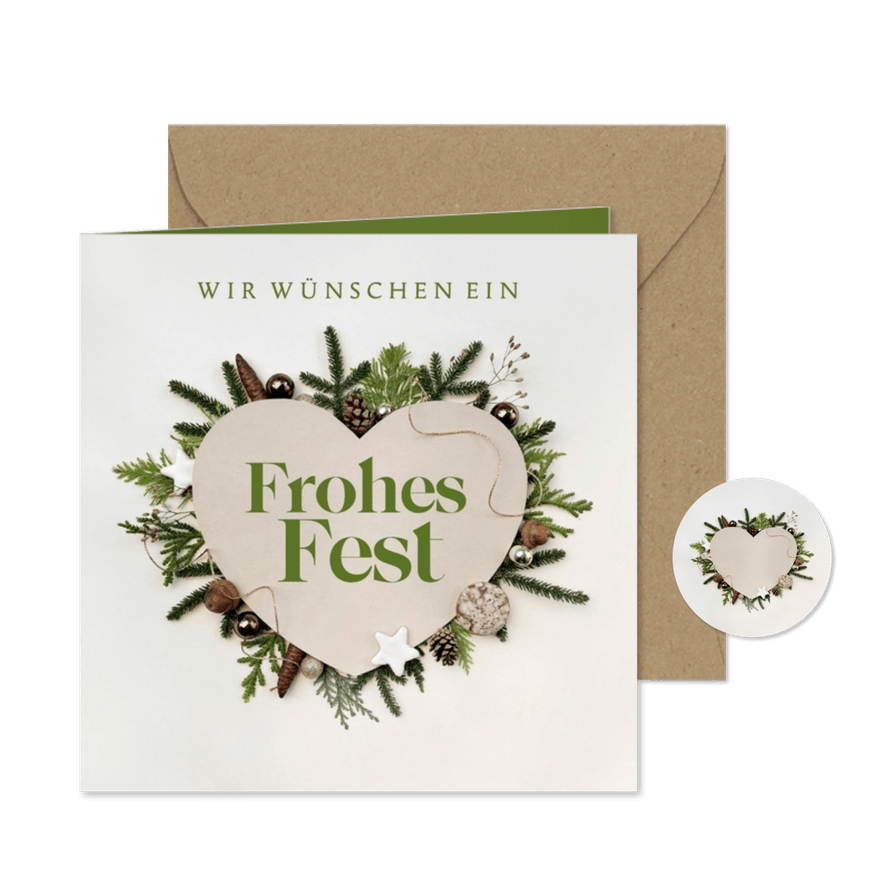 Weihnachtskarte Firma Herz mit Rahmen aus Zweigen - Karteneindruck