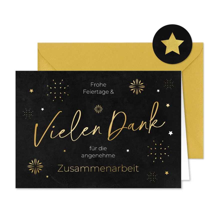 Weihnachtskarte Firma 'Vielen Dank' Goldsterne - Kartenvorschau
