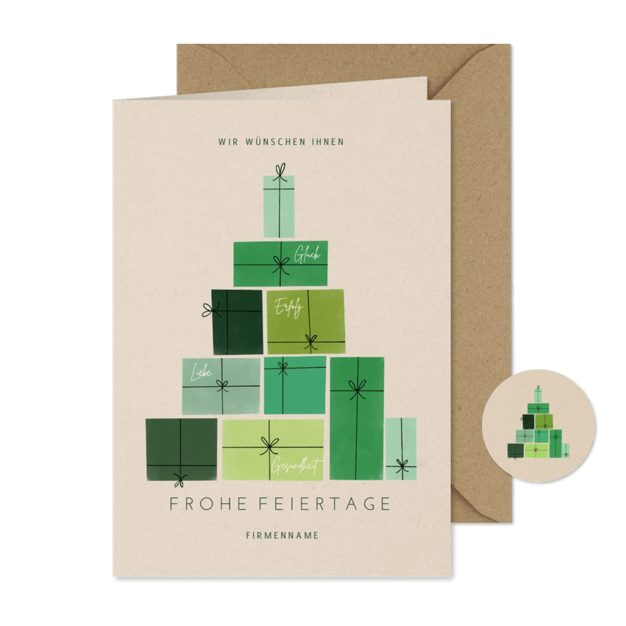 Weihnachtskarte Firma Weihnachtsbaum aus Geschenken - Karteneindruck