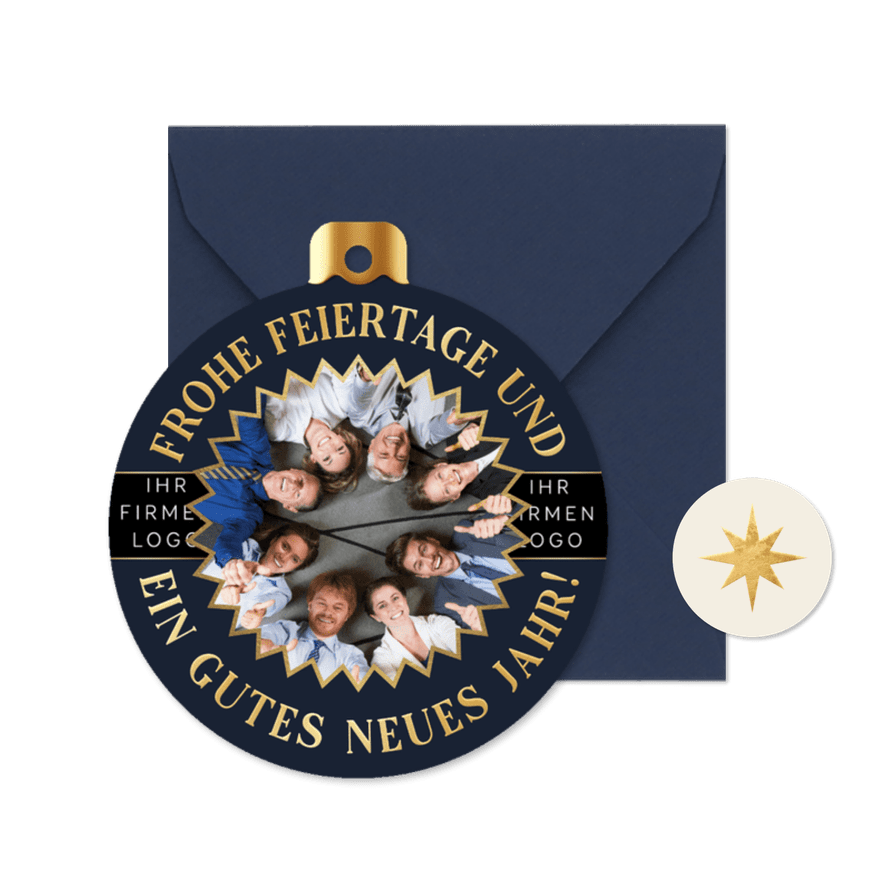 Weihnachtskarte Firma Weihnachtskugel Logo und Foto rund - Kartenvorschau