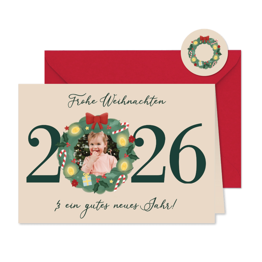 Weihnachtskarte Foto 2026 mit Kranz - Karteneindruck