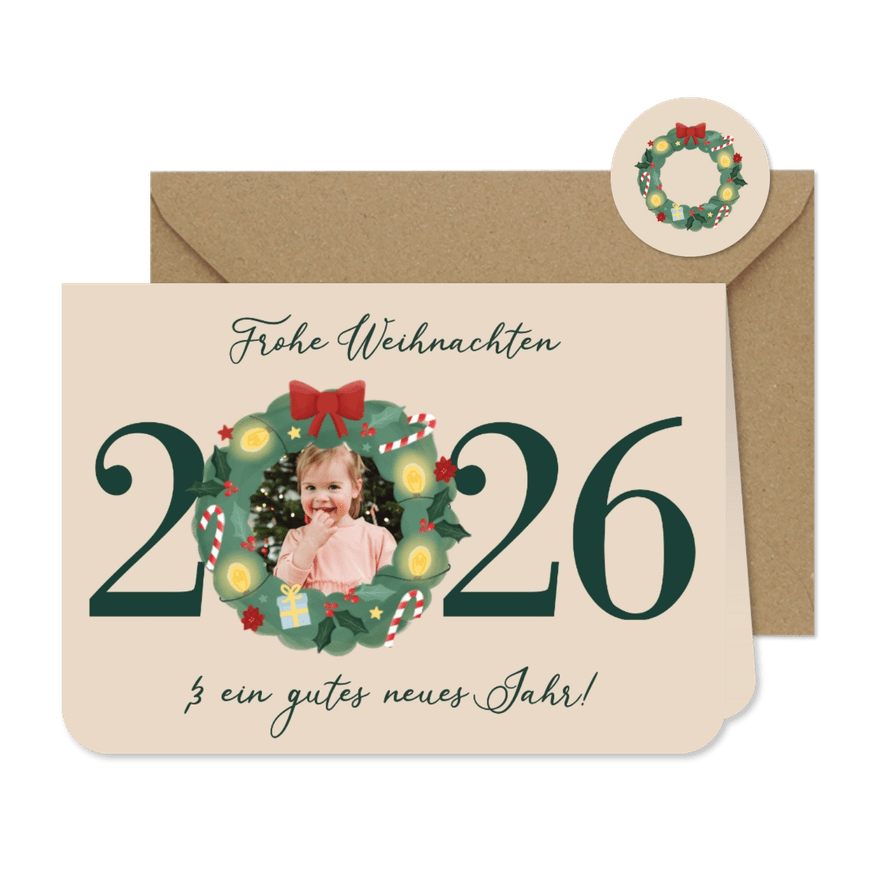 Weihnachtskarte Foto 2026 mit Kranz - Karteneindruck