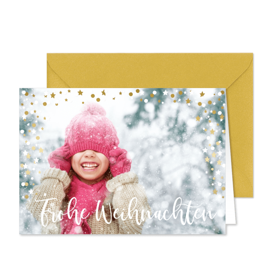 Weihnachtskarte Foto groß mit Konfettirahmen - Karteneindruck
