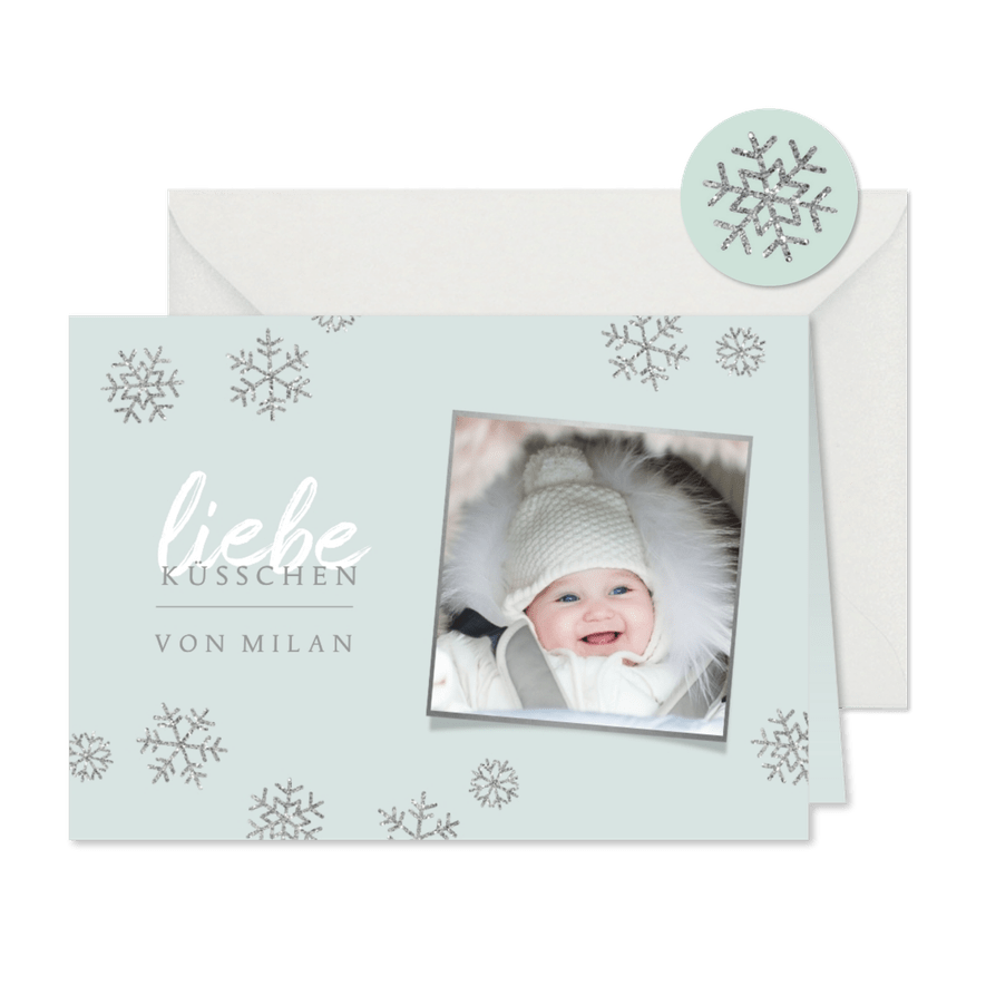 Weihnachtskarte Foto 'liebe Küsschen' blau - Karteneindruck