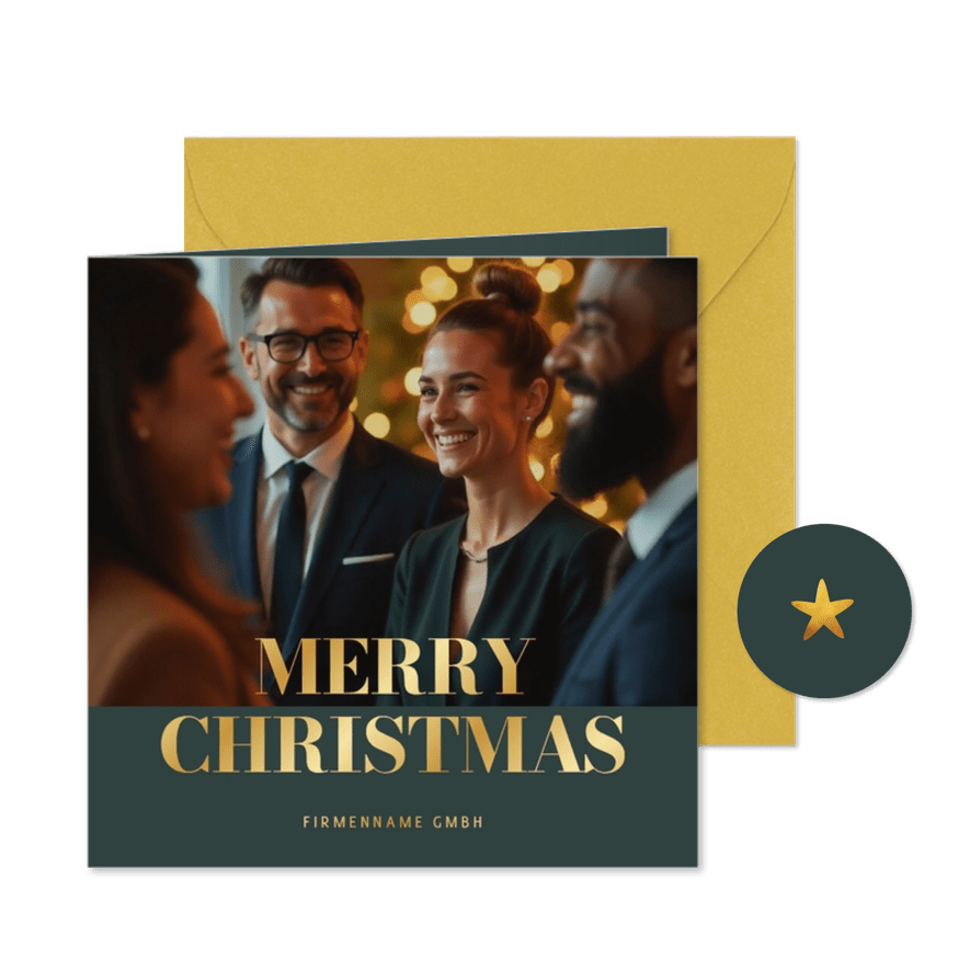 Weihnachtskarte Foto 'Merry Christmas' auf dunkelgrün  - Karteneindruck
