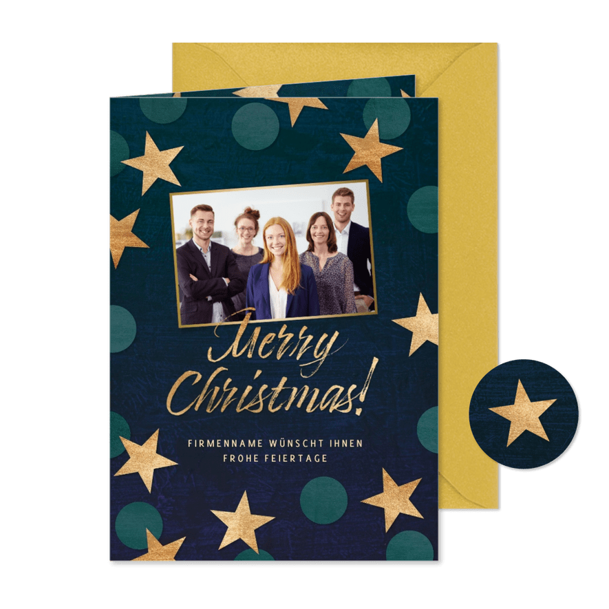 Weihnachtskarte Foto, 'Merry Christmas' & Sterne - Karteneindruck