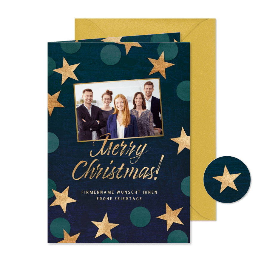 Weihnachtskarte Foto, 'Merry Christmas' & Sterne - Karteneindruck