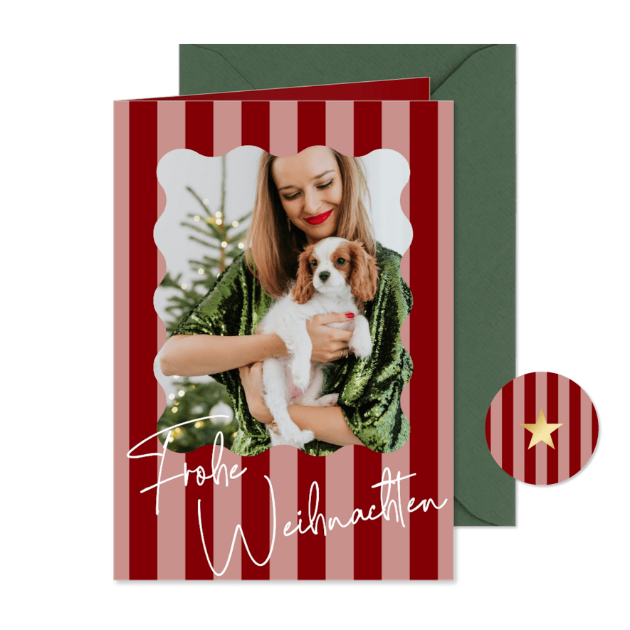 Weihnachtskarte Foto mit rosa-roten Streifen  - Kartenvorschau
