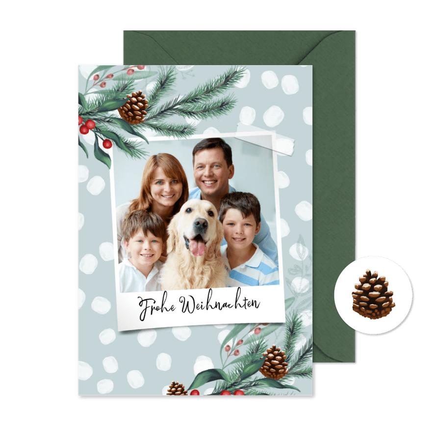 Weihnachtskarte Foto, Punkte & Tannenzweige - Karteneindruck