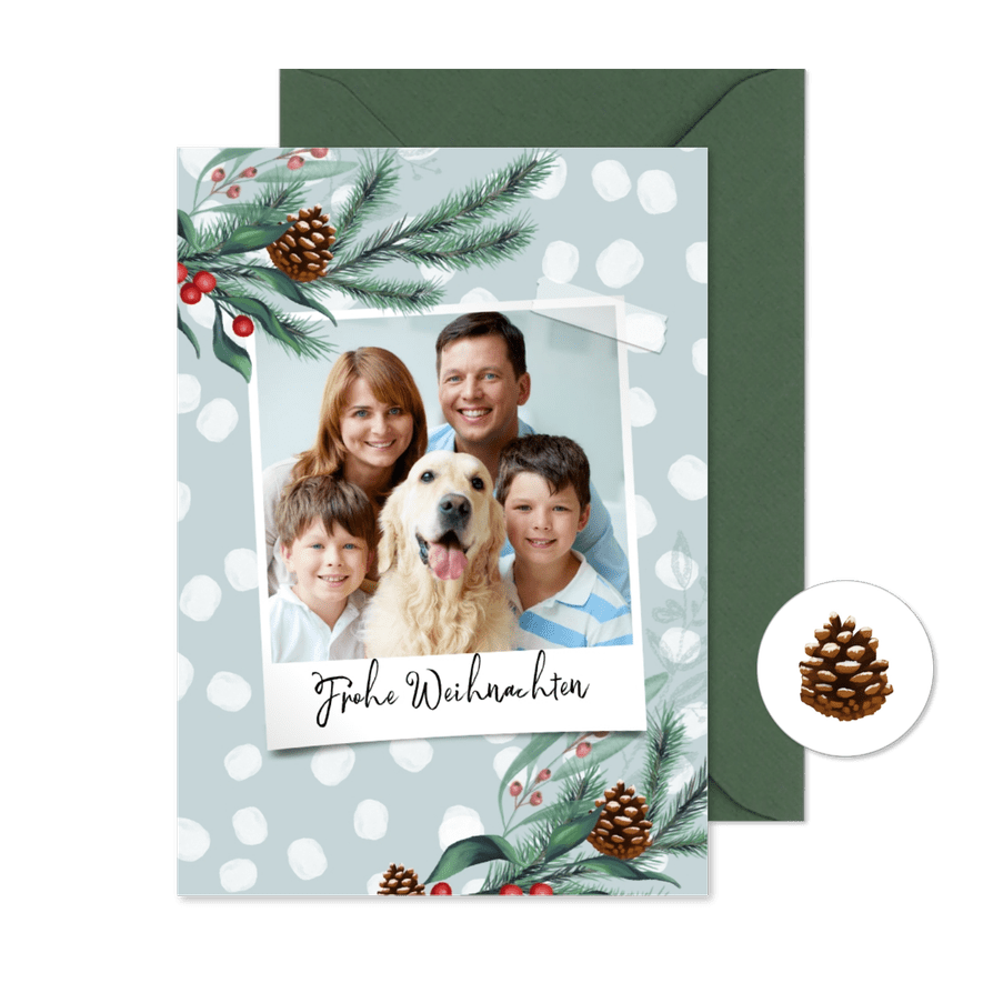 Weihnachtskarte Foto, Punkte & Tannenzweige - Karteneindruck