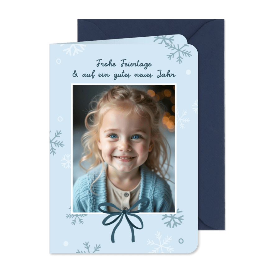 Weihnachtskarte Foto Schleife Blau Schneeflocken - Karteneindruck