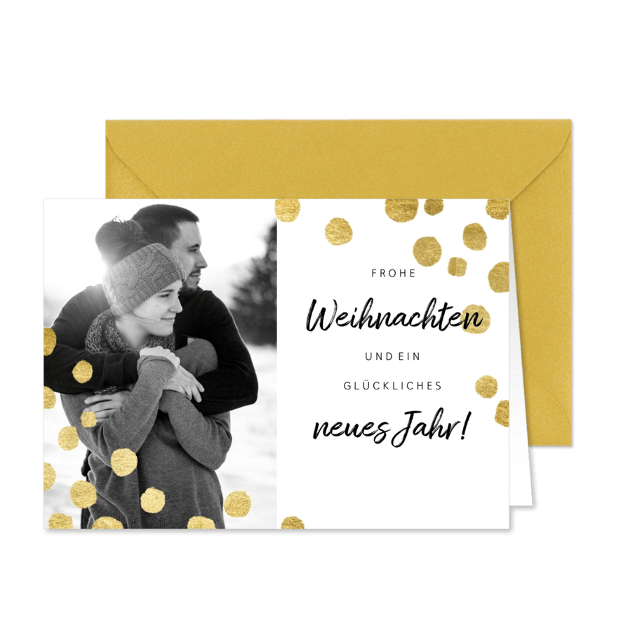 Weihnachtskarte Foto schwarzweiß mit Goldkonfetti - Karteneindruck