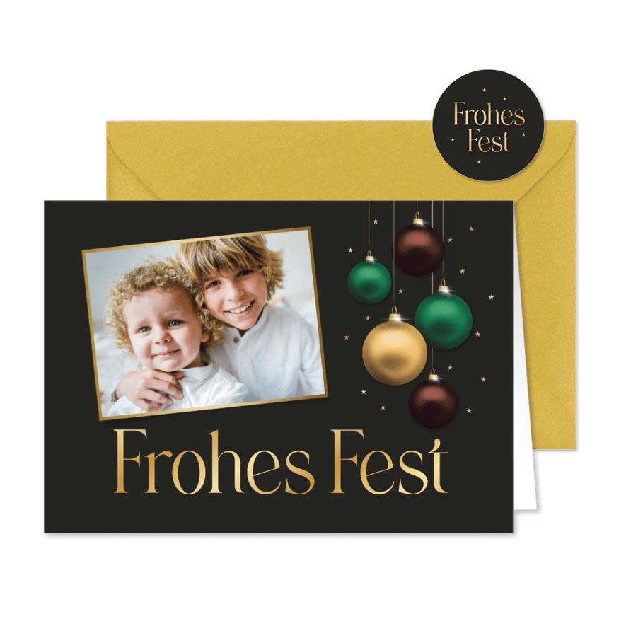 Weihnachtskarte Foto & schimmernde Weihnachtskugeln - Karteneindruck