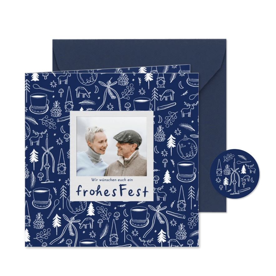Weihnachtskarte Foto Weihnachts-Doodles blau weiß - Karteneindruck
