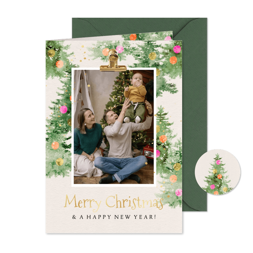Weihnachtskarte Foto Weihnachtsbaum bunte Kugeln - Karteneindruck

