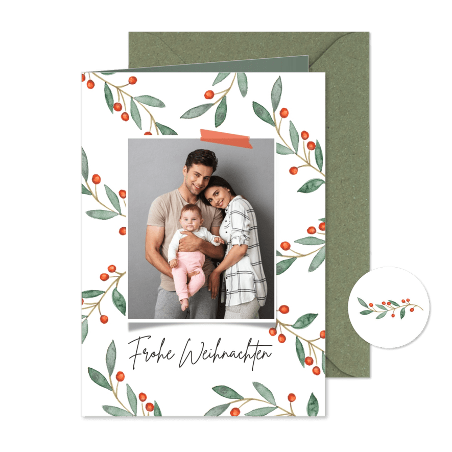 Weihnachtskarte Foto Zweige mit roten Beeren - Karteneindruck