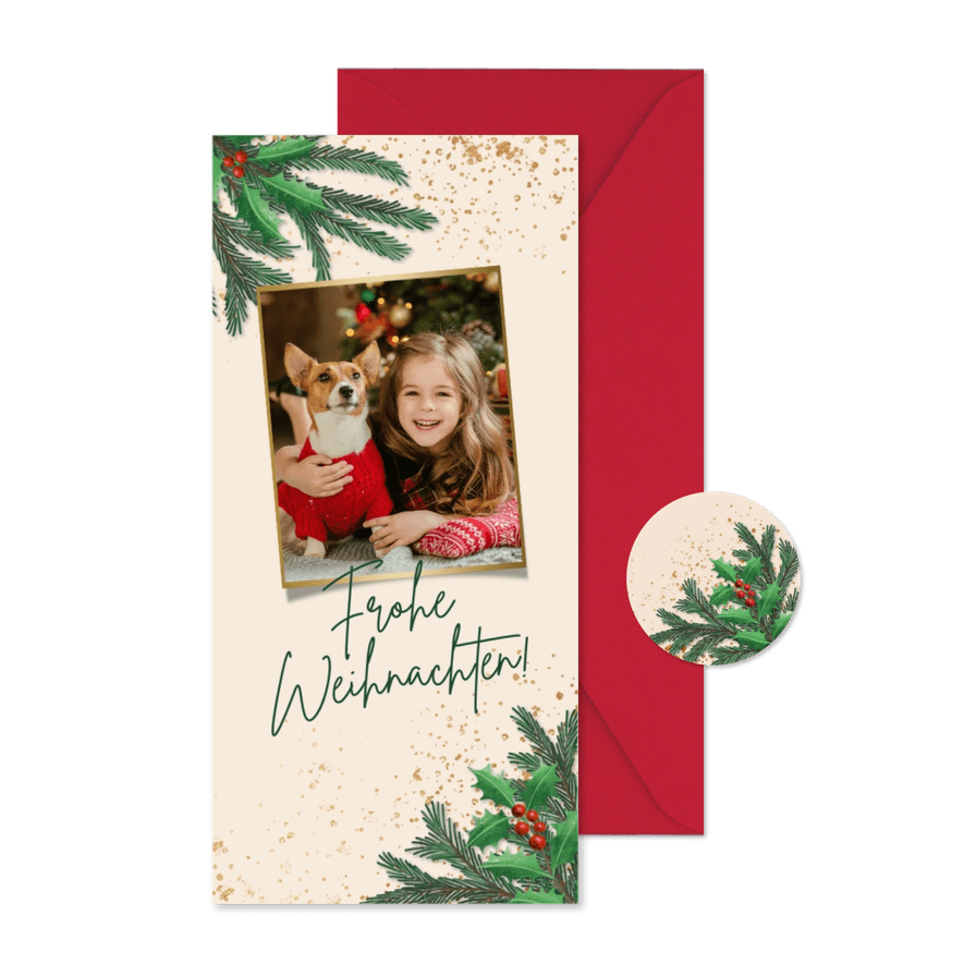 Weihnachtskarte Foto, Zweige & Sprenkel - Karteneindruck