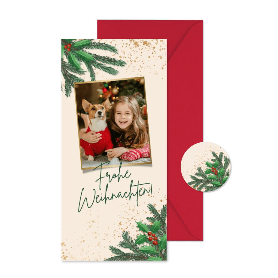 Weihnachtskarte Foto, Zweige & Sprenkel - Karteneindruck
