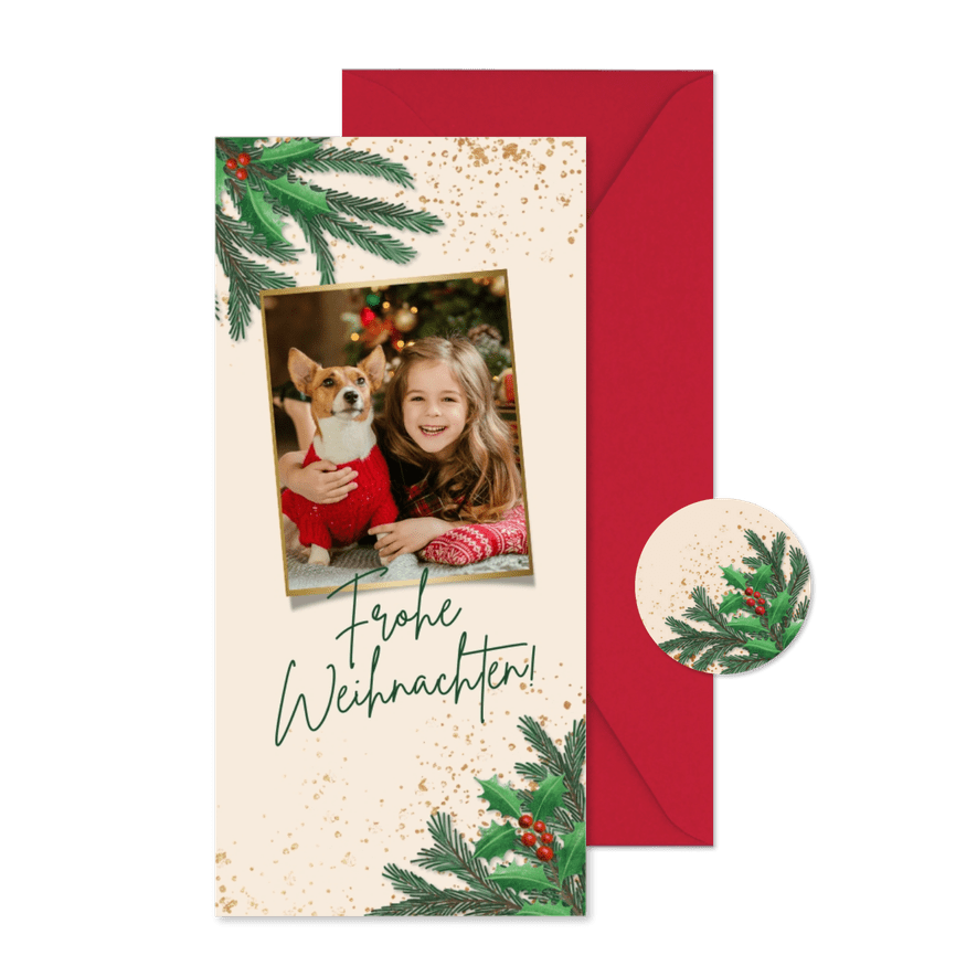 Weihnachtskarte Foto, Zweige & Sprenkel - Karteneindruck