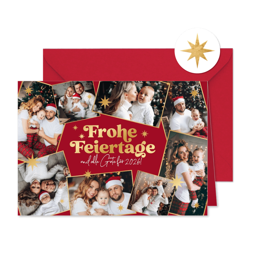 Weihnachtskarte Fotocollage 8 Fotos rot und gold - Karteneindruck