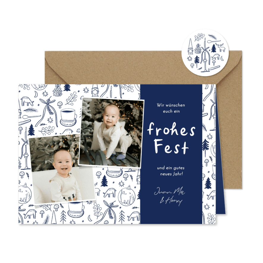 Weihnachtskarte Fotocollage Blau Doodles  - Kartenvorschau
