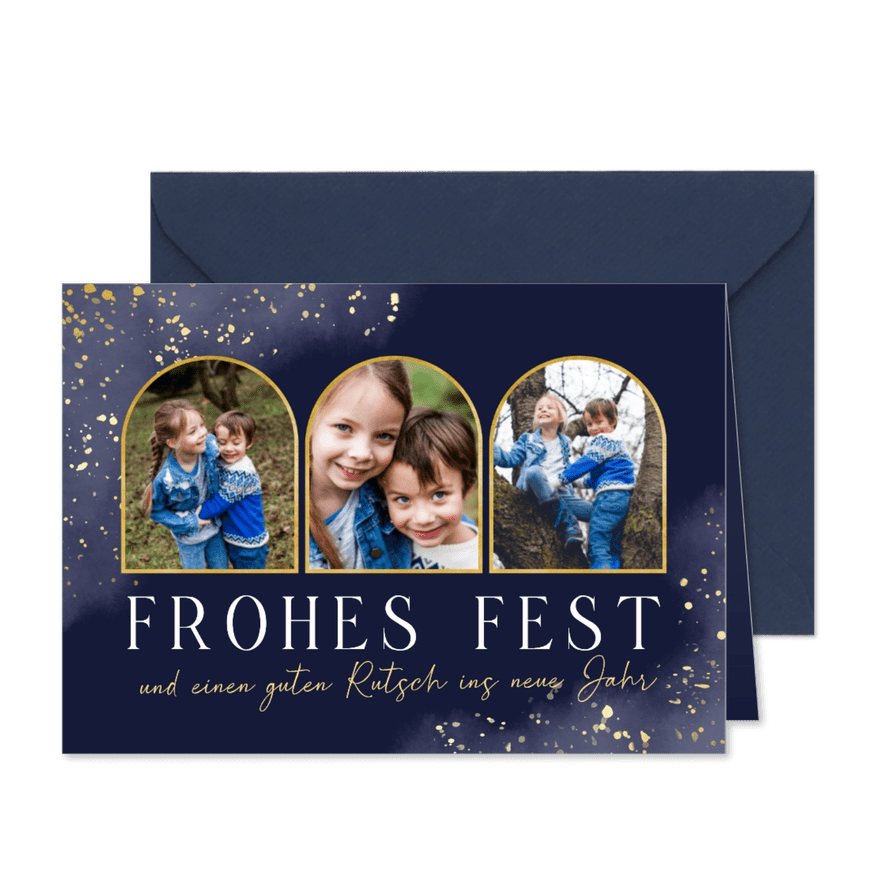 Weihnachtskarte Fotocollage Dunkelblau Goldsprenkel - Karteneindruck
