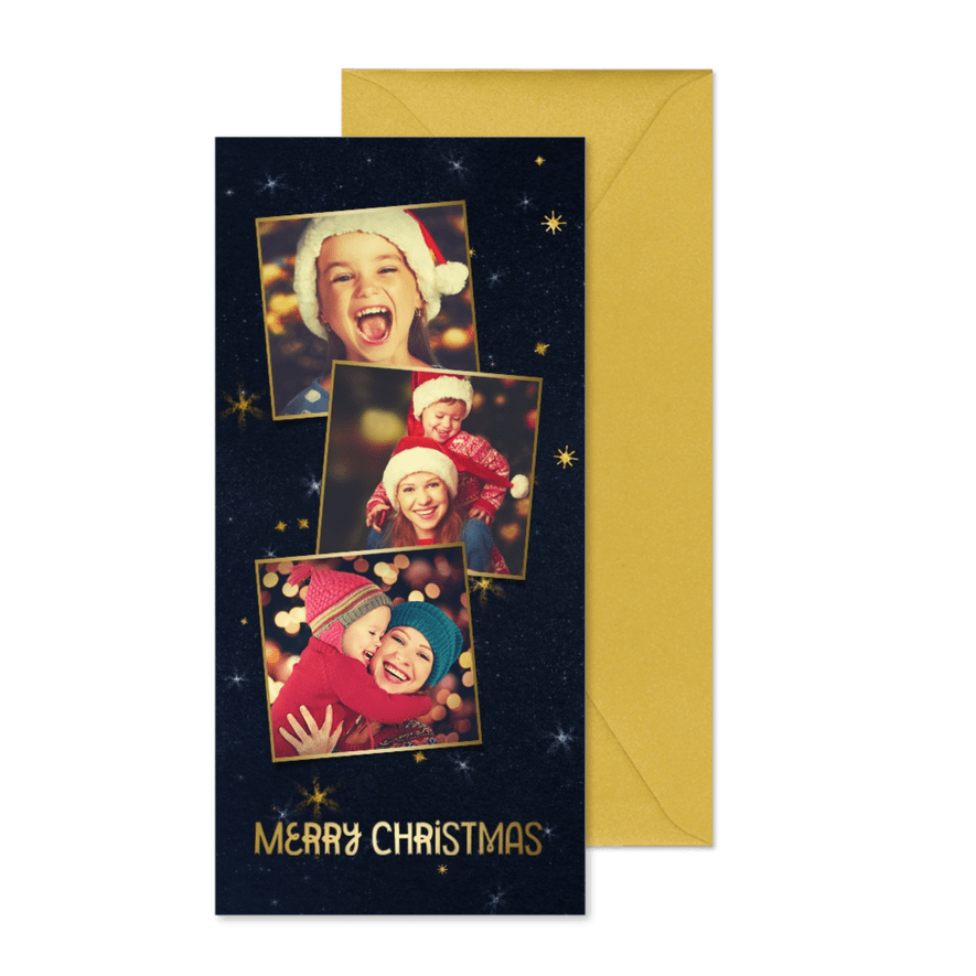 Weihnachtskarte Fotocollage dunkelblau & Sterne - Karteneindruck
