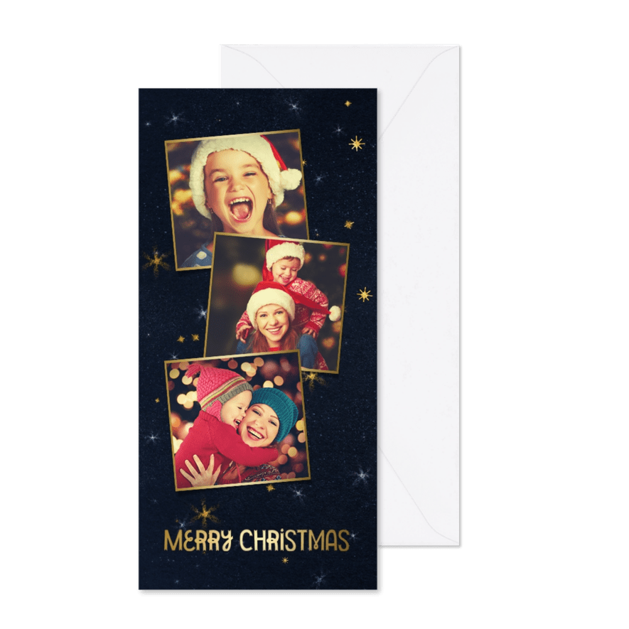 Weihnachtskarte Fotocollage dunkelblau & Sterne - Karteneindruck