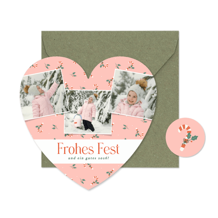 Weihnachtskarte Fotocollage Herzkarte Zuckerstangen - Karteneindruck
