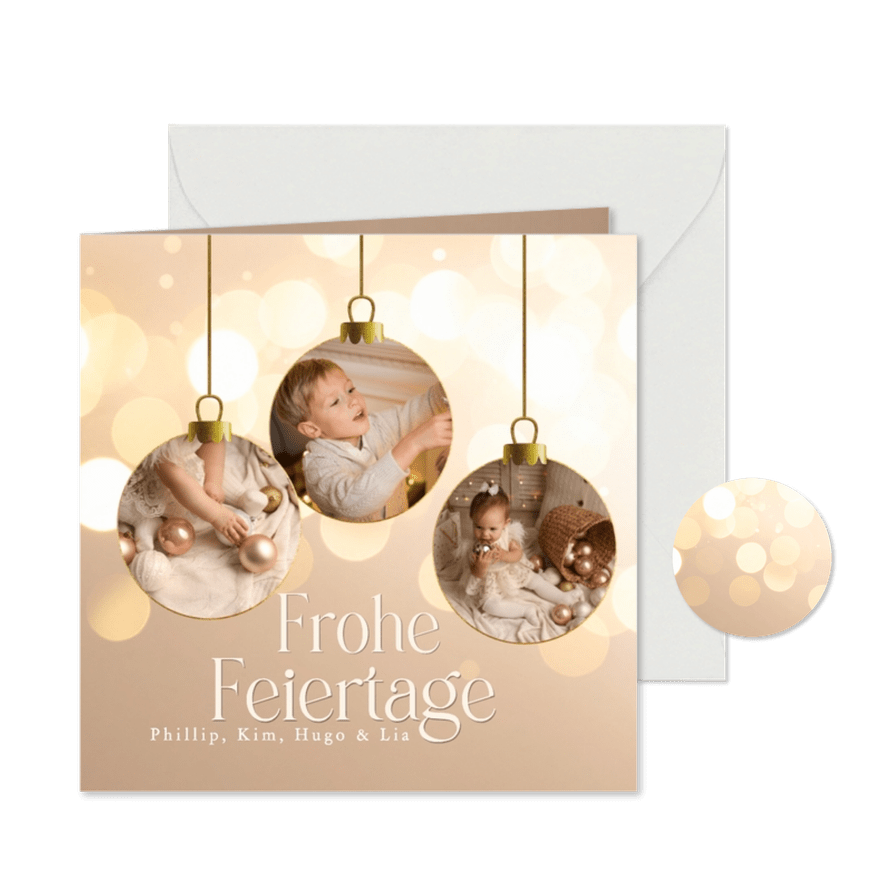 Weihnachtskarte Fotocollage in Weihnachtskugeln Lichteffekt - Kartenvorschau