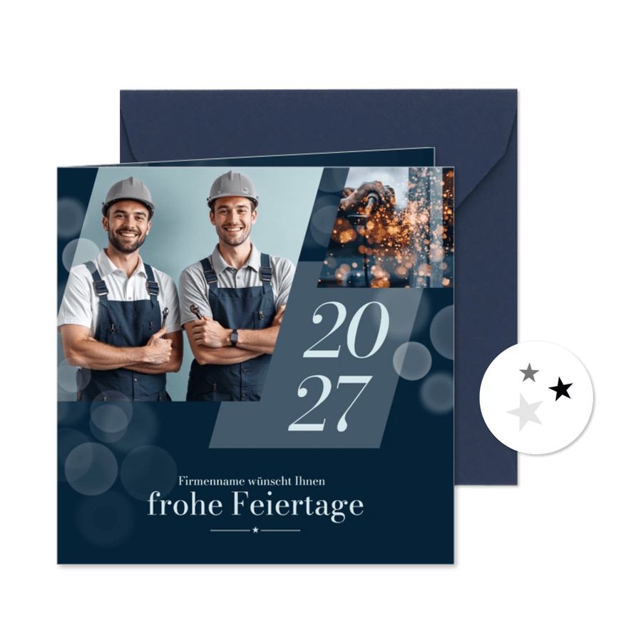 Weihnachtskarte Fotocollage kursiv dunkelblau Lichtpunkte - Kartenvorschau