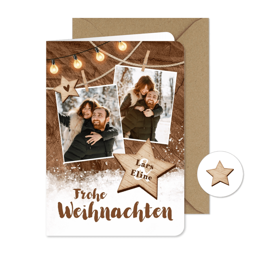 Weihnachtskarte Fotocollage Lichterkette Holzstern - Karteneindruck