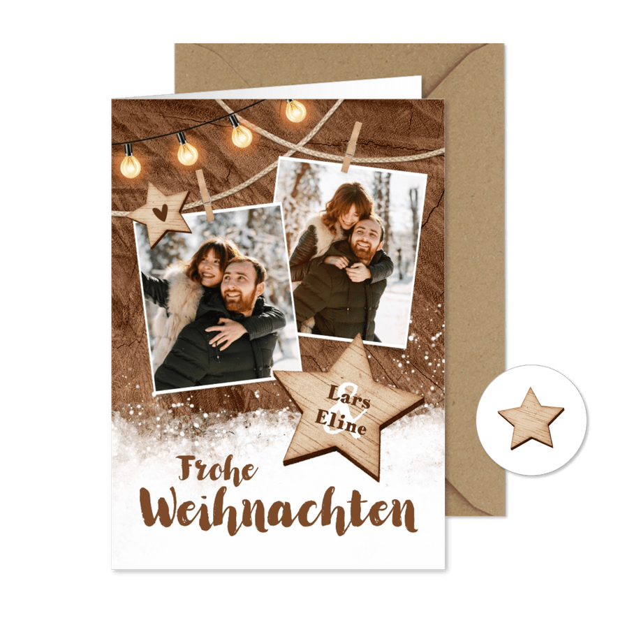 Weihnachtskarte Fotocollage Lichterkette Holzstern - Karteneindruck