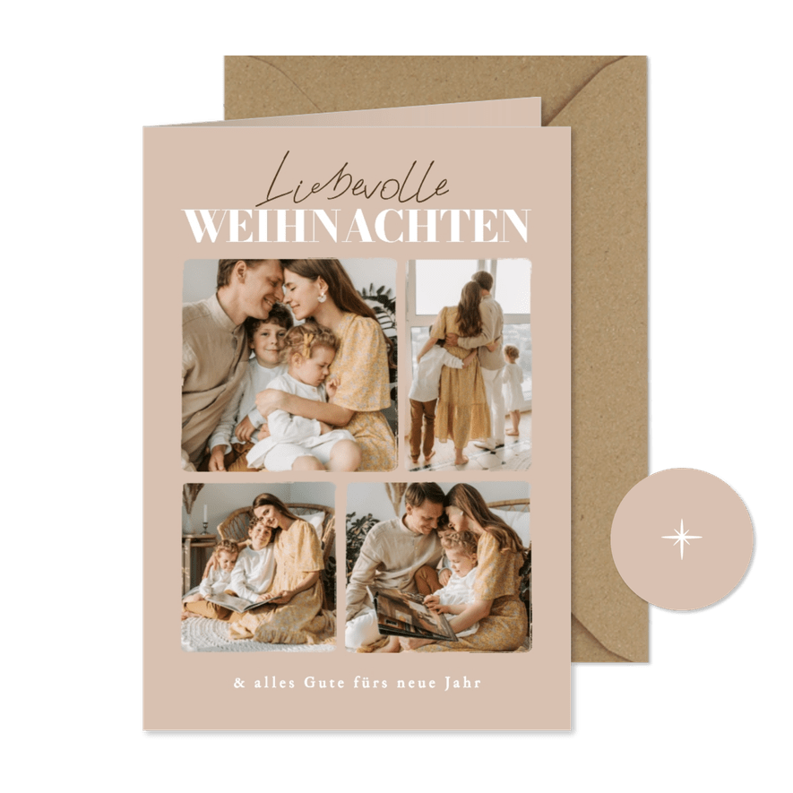 Weihnachtskarte Fotocollage 'liebevolle Weihnachten' beige - Kartenvorschau