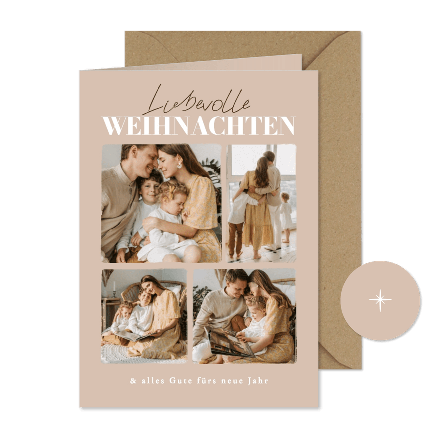 Weihnachtskarte Fotocollage 'liebevolle Weihnachten' beige - Kartenvorschau