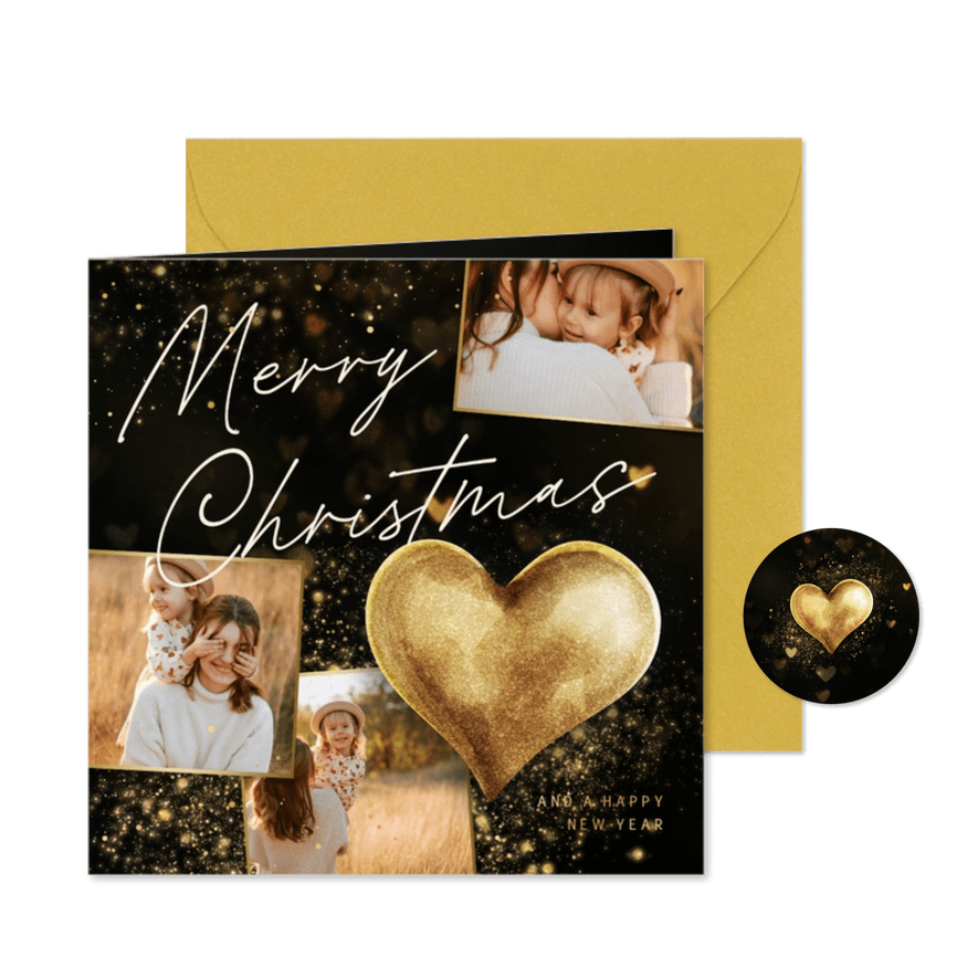 Weihnachtskarte Fotocollage und Goldherz - Karteneindruck
