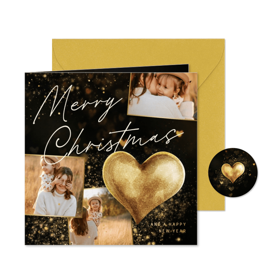 Weihnachtskarte Fotocollage und Goldherz - Karteneindruck