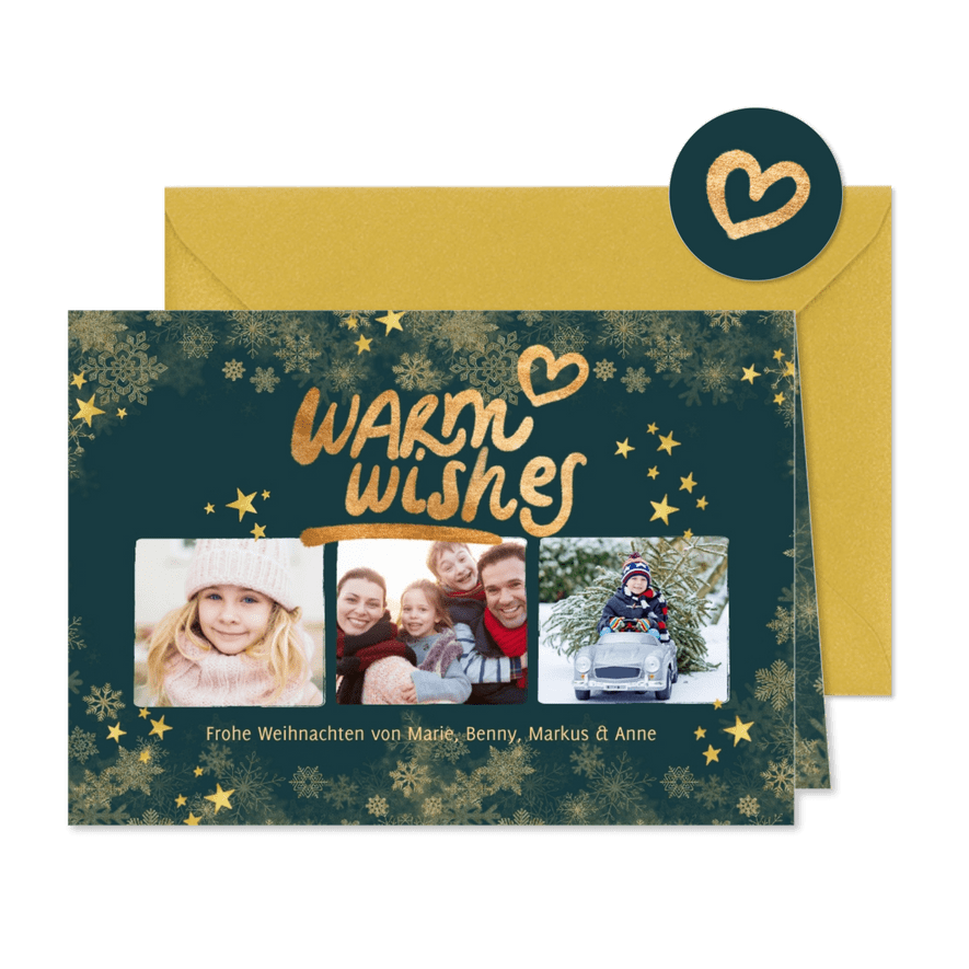 Weihnachtskarte Fotocollage 'Warm wishes' grün - Karteneindruck
