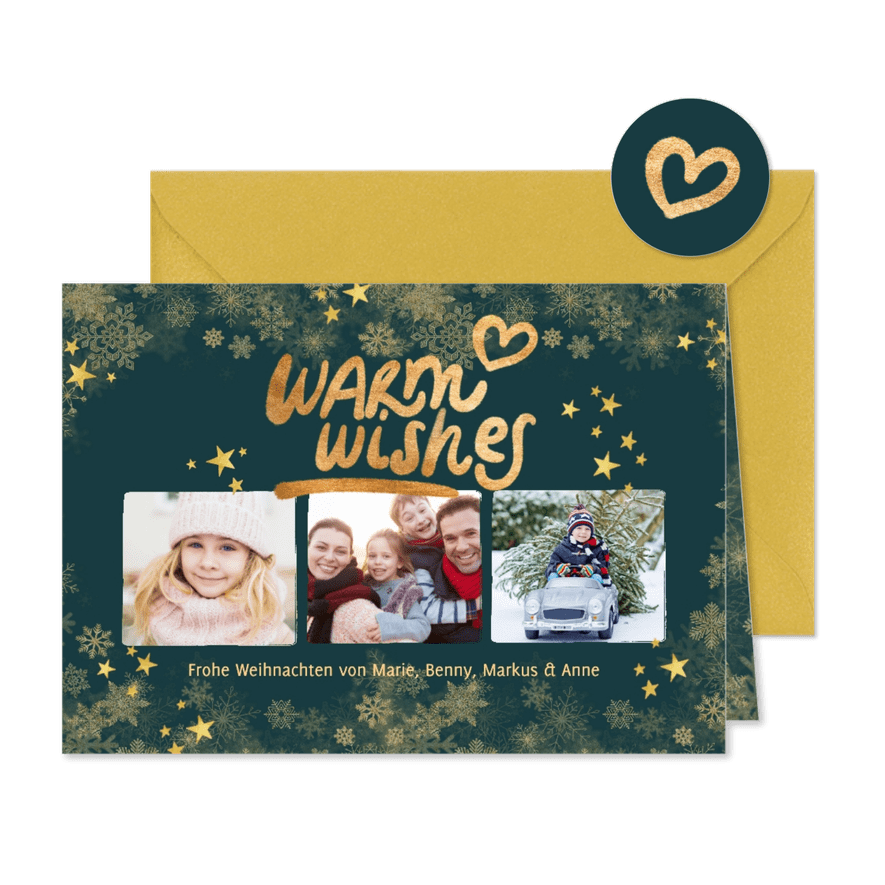 Weihnachtskarte Fotocollage 'Warm wishes' grün - Karteneindruck