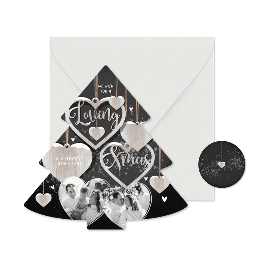 Weihnachtskarte Fotocollage Weihnachtsbaumform Herzen - Karteneindruck
