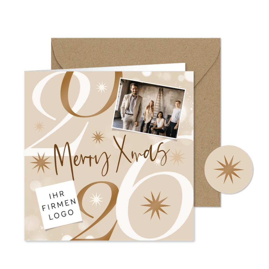 Weihnachtskarte Fotokarte 2026 mit Logo Sterne - Karteneindruck
