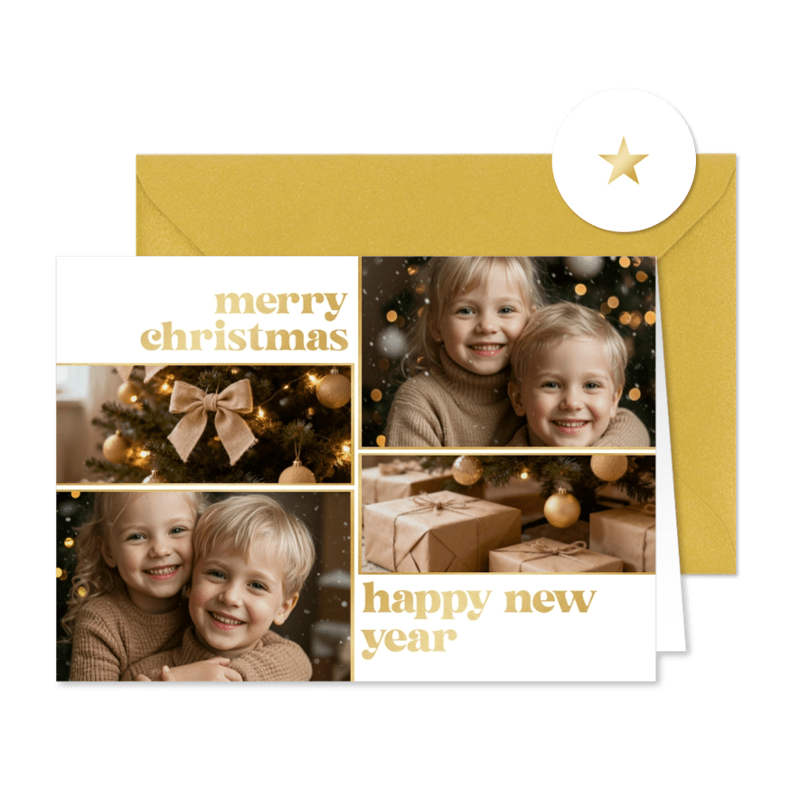 Weihnachtskarte Fotokollage schlicht weiß gold - Kartenvorschau