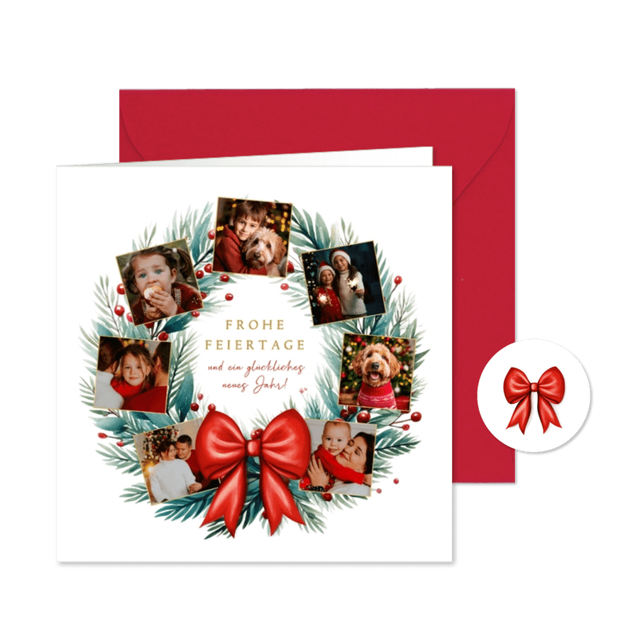 Weihnachtskarte Fotos auf Kranz mit Schleife  - Karteneindruck
