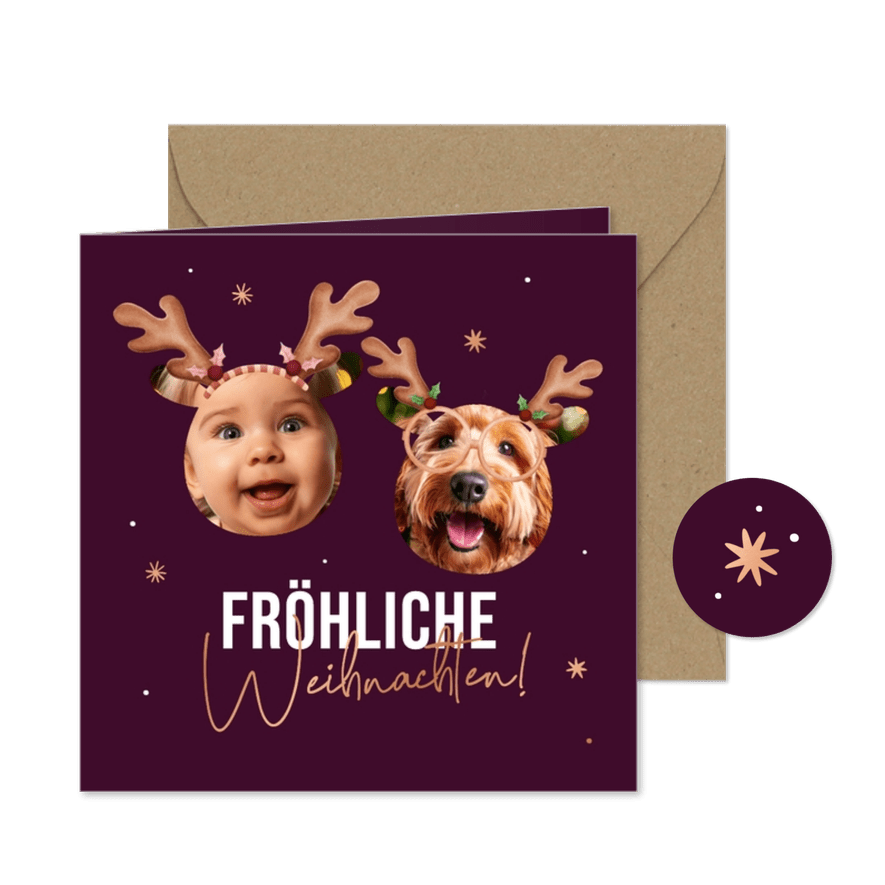Weihnachtskarte Fotos lustige Gesichter Rentiergeweih - Kartenvorschau